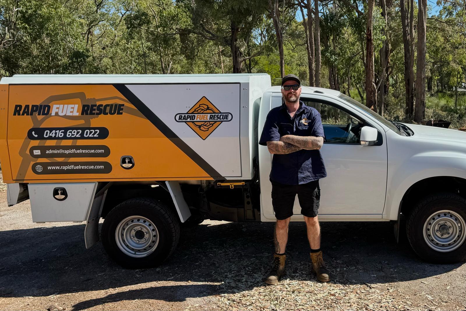 Ben from Rapid Fuel Rescue with the branded mobile fuel drainage van, Perth